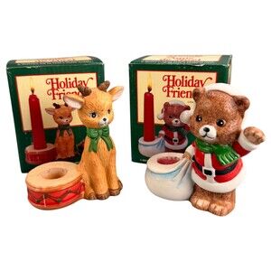 Christmas Candle Holders Set of 2 Deer Bear Holiday Friends Original Box